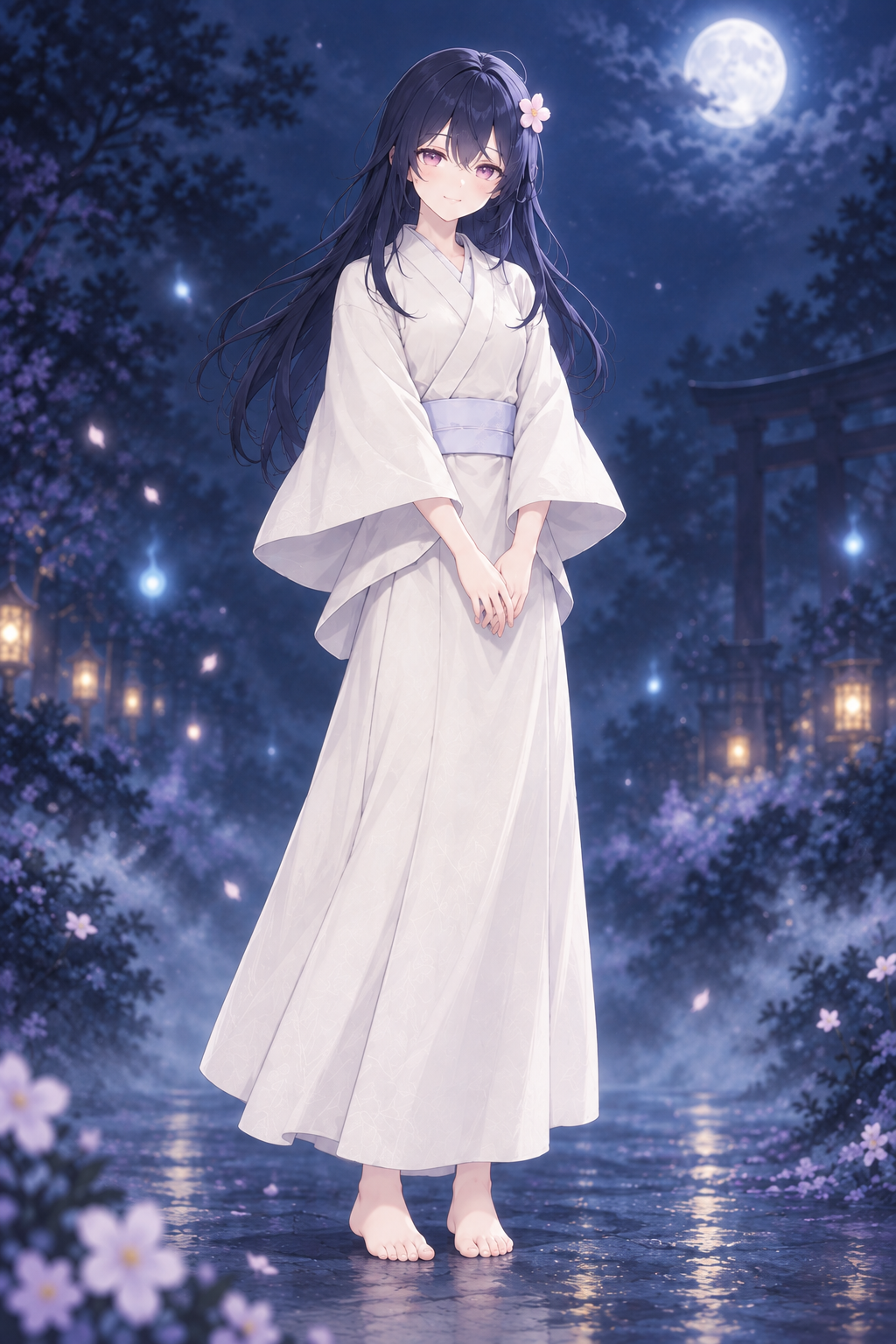 水瀬 灯里の全身イラスト。黒のロングヘア・花飾り、白い着物。